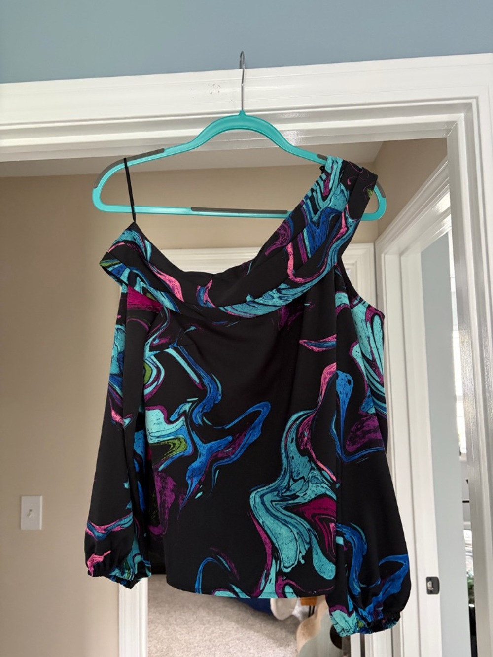 One-Shoulder Black Blouse with Teal, Blue & Magenta Swirl Print